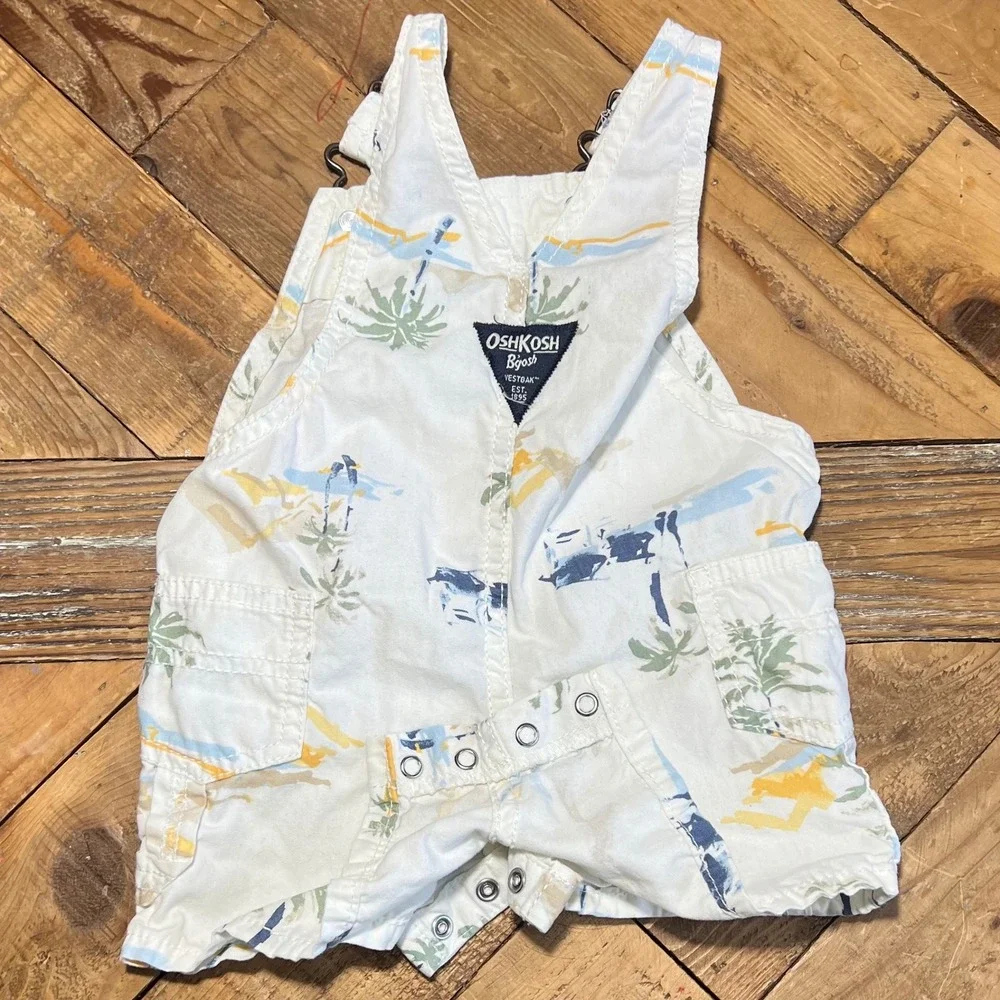 OshKosh B'gosh Baby Boys Girls White Tropical Print‎ Shortalls Size 6M